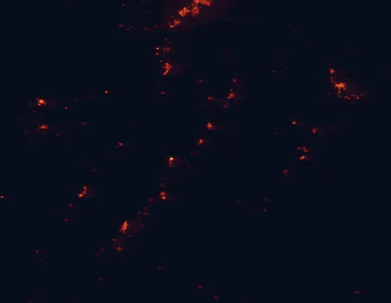 Satellite night-light map of the 100 km around Palisade State Park, with Payson, Santaquin and Price marked