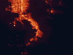 Satellite night-light map of the 50 km around Provo, with Orem, West Jordan and Springville marked