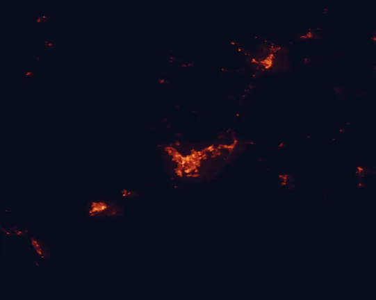 Satellite night-light map of the 100 km around Red Cliffs National Conservation Area, with Hurricane, Cedar City and Mesquite marked