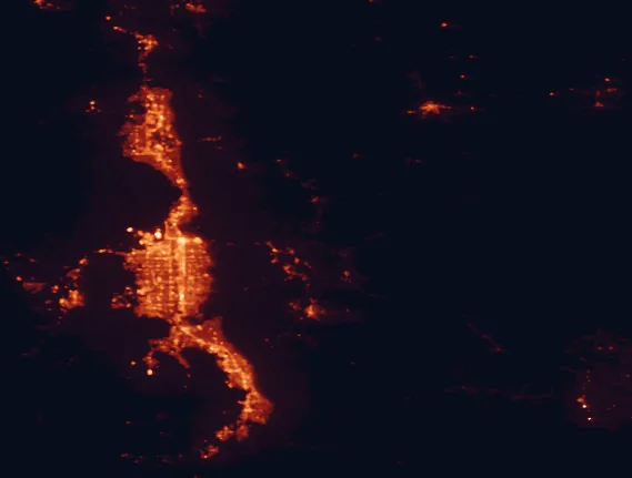 Satellite night-light map of the 100 km around Rockport State Park, with Salt Lake City, West Valley City and West Jordan marked