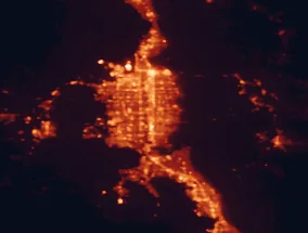 Satellite night-light map of the 50 km around Sandy, with Salt Lake City, West Jordan and West Valley City marked
