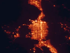 Satellite night-light map of the 50 km around West Valley City, with Salt Lake City, West Jordan and Taylorsville marked