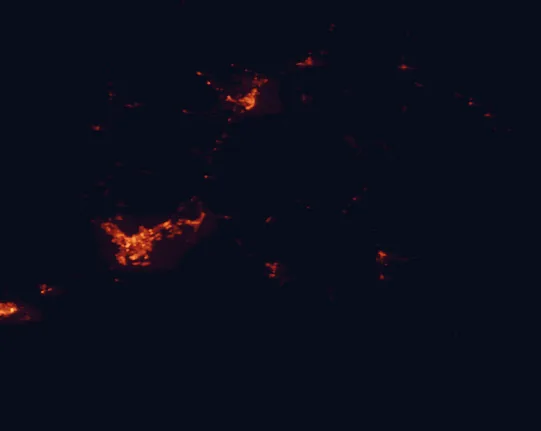 Satellite night-light map of the 100 km around Zion National Park, with Saint George, Cedar City and Washington marked