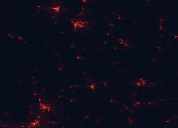 Satellite night-light map of the 100 km around Moosalamoo National Recreation Area, with Burlington, Rutland and Queensbury marked
