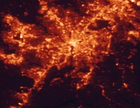 Satellite night-light map of the 50 km around Alexandria, with Washington, Arlington and Downtown DC marked
