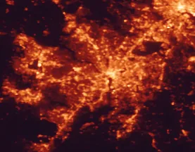 Satellite night-light map of the 50 km around Arlington, with Washington, Baltimore and Alexandria marked