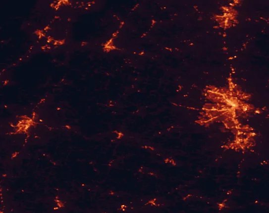 Satellite night-light map of the 100 km around Bear Creek Lake State Park, with Richmond, Lynchburg and West Lynchburg marked