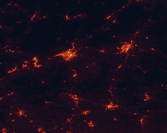 Satellite night-light map of the 100 km around Booker T. Washington National Monument, with Roanoke, Lynchburg and West Lynchburg marked