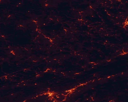 Satellite night-light map of the 100 km around Breaks Interstate Park, with Kingsport, Bristol and Bristol marked