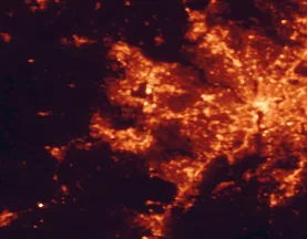 Satellite night-light map of the 50 km around Centreville, with Washington, Arlington and Alexandria marked