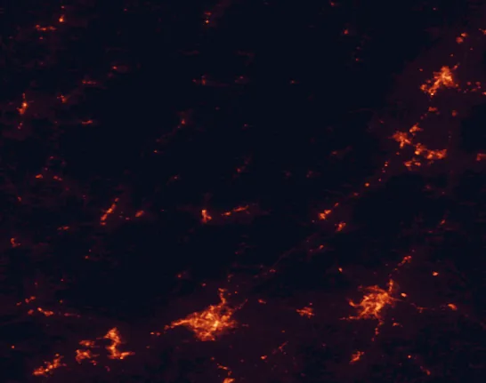 Satellite night-light map of the 100 km around Douthat State Park, with Roanoke, Lynchburg and West Lynchburg marked
