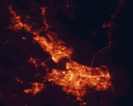 Satellite night-light map of the 50 km around East Hampton, with Virginia Beach, Newport News and Norfolk marked