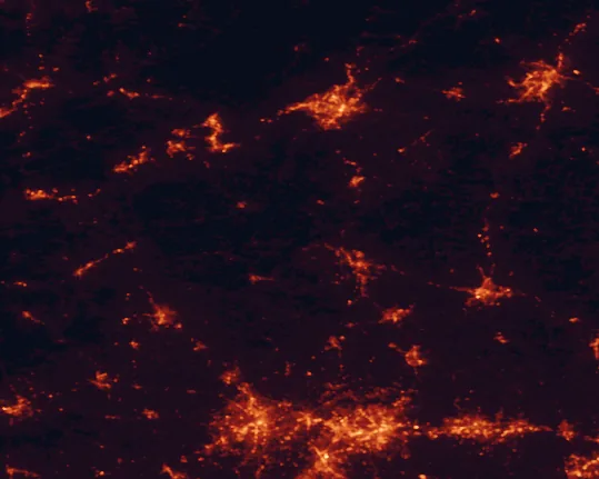 Satellite night-light map of the 100 km around Fairy Stone State Park, with Greensboro, Winston-Salem and Roanoke marked