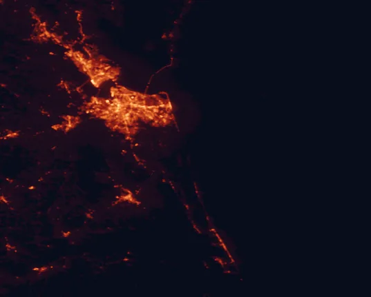 Satellite night-light map of the 100 km around False Cape State Park, with Virginia Beach, Chesapeake and Norfolk marked