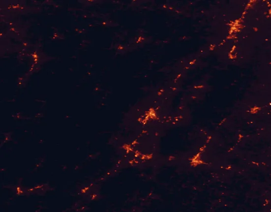 Satellite night-light map of the 100 km around George Washington and Jefferson National Forests, with Harrisonburg, Charlottesville and Staunton marked