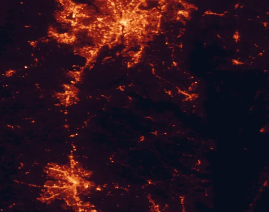 Satellite night-light map of the 100 km around George Washington Birthplace National Monument, with Washington, Richmond and Arlington marked