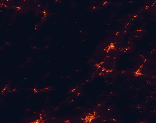 Satellite night-light map of the 100 km around George Washington National Forest, with Harrisonburg, Lynchburg and West Lynchburg marked