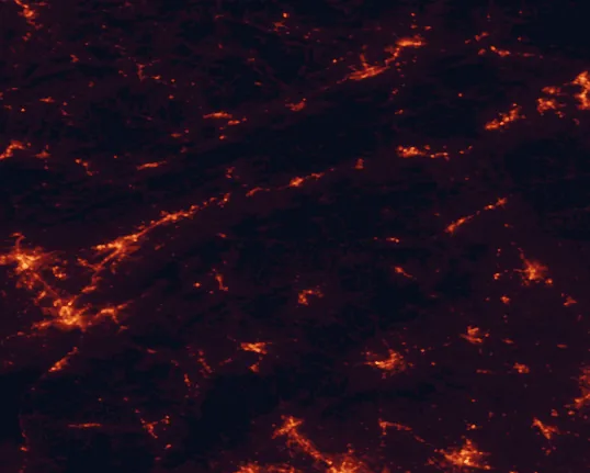 Satellite night-light map of the 100 km around Grayson Highlands State Park, with Johnson City, Kingsport and Bristol marked