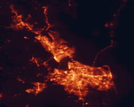 Satellite night-light map of the 50 km around Hampton, with Newport News, Virginia Beach and Norfolk marked