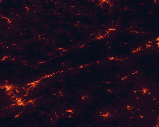 Satellite night-light map of the 100 km around Hungry Mother State Park, with Johnson City, Kingsport and Bristol marked