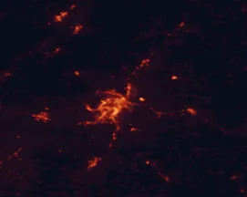 Satellite night-light map of the 50 km around Lynchburg, with Timberlake, Forest and Bedford marked