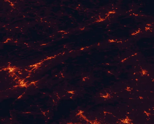Satellite night-light map of the 100 km around Mount Rogers National Recreation Area, with Johnson City, Kingsport and Bristol marked