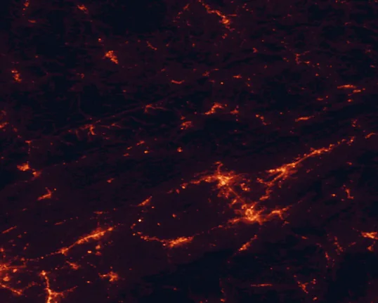 Satellite night-light map of the 100 km around Natural Tunnel State Park, with Kingsport, Johnson City and Bristol marked