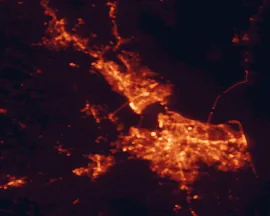 Satellite night-light map of the 50 km around Newport News, with Virginia Beach, Norfolk and Chesapeake marked