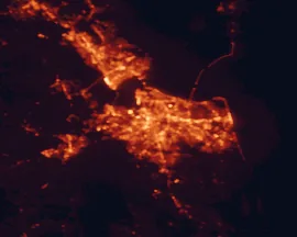 Satellite night-light map of the 50 km around Norfolk, with Virginia Beach, Newport News and Portsmouth Heights marked