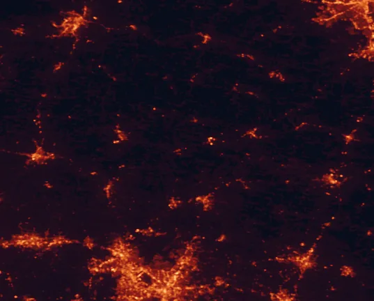 Satellite night-light map of the 100 km around Occoneechee State Park, with Raleigh, Durham and Cary marked