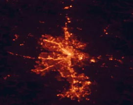 Satellite night-light map of the 50 km around Richmond, with Tuckahoe, Mechanicsville and East Highland Park marked