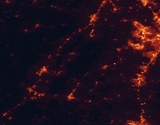 Satellite night-light map of the 100 km around Shenandoah National Park, with Harrisonburg, Centreville and Germantown marked