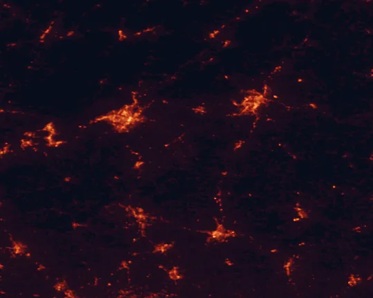 Satellite night-light map of the 100 km around Smith Mountain Lake State Park, with Roanoke, Lynchburg and West Lynchburg marked