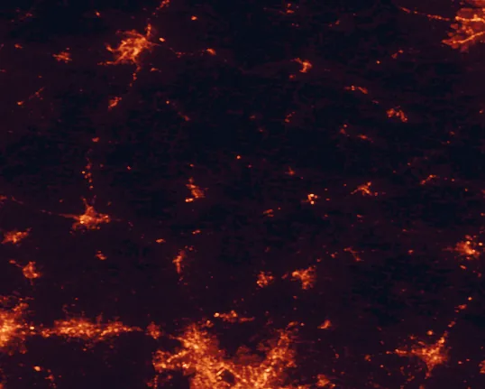 Satellite night-light map of the 100 km around Staunton River State Park, with Durham, Lynchburg and West Lynchburg marked