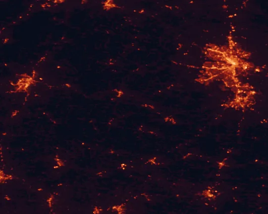 Satellite night-light map of the 100 km around Twin Lakes State Park, with Richmond, Lynchburg and West Lynchburg marked