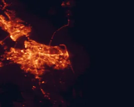 Satellite night-light map of the 50 km around Virginia Beach, with Chesapeake, Norfolk and Newport News marked