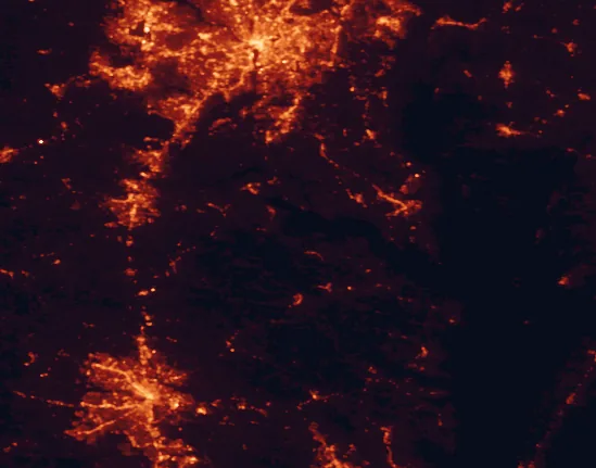 Satellite night-light map of the 100 km around Westmoreland State Park, with Washington, Richmond and Arlington marked