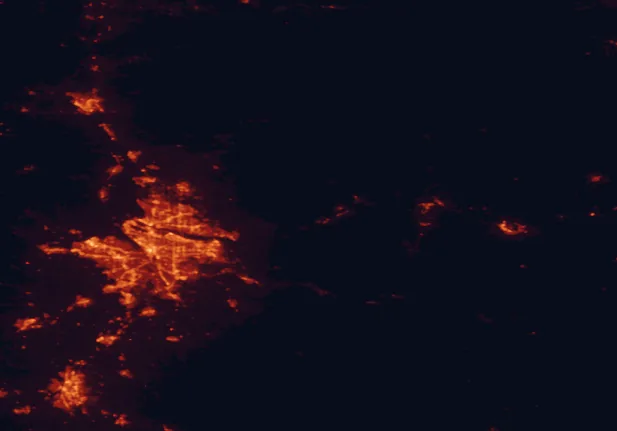 Satellite night-light map of the 100 km around Beacon Rock State Park, with Portland, Vancouver and Gresham marked