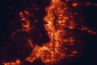 Satellite night-light map of the 50 km around Burien, with Seattle, Tacoma and Kent marked