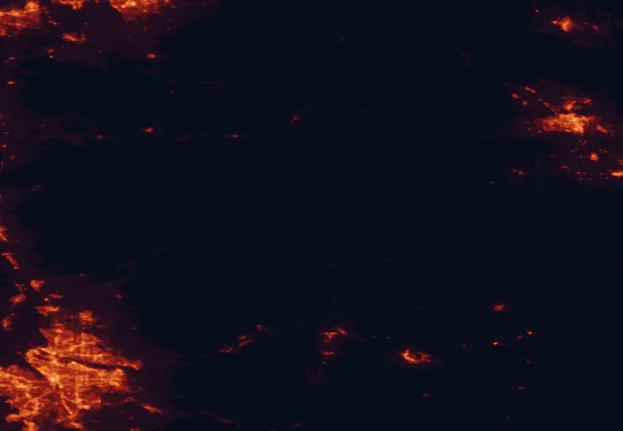 Satellite night-light map of the 100 km around Columbia National Forest, with Portland, Vancouver and Gresham marked