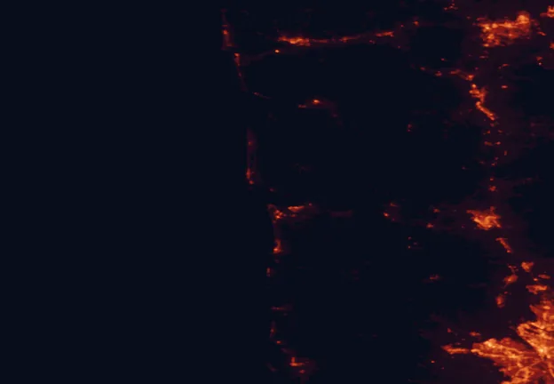 Satellite night-light map of the 100 km around Fort Columbia State Park, with Hillsboro, Beaverton and Olympia marked