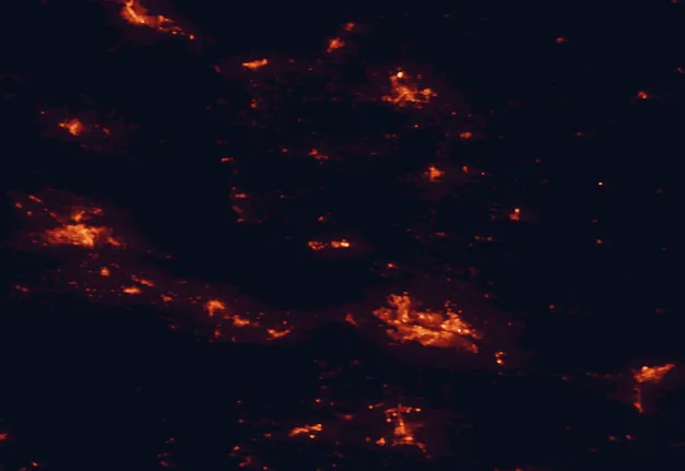 Satellite night-light map of the 100 km around Hanford Reach National Monument, with Kennewick, Pasco and Yakima marked