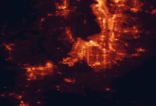 Satellite night-light map of the 50 km around Lakewood, with Tacoma, Kent and Federal Way marked