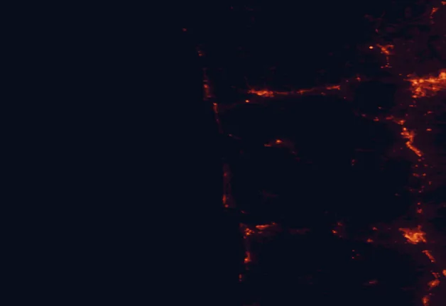Satellite night-light map of the 100 km around Leadbetter Point State Park, with Olympia, Lacey and Longview marked