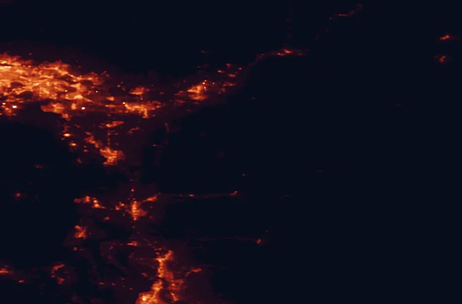 Satellite night-light map of the 100 km around Mount Baker National Recreation Area, with Surrey, Abbotsford and Burnaby marked