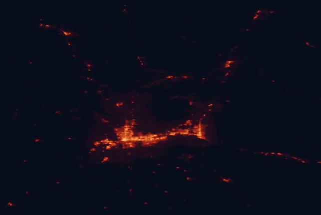 Satellite night-light map of the 100 km around Mount Spokane State Park, with Spokane, Spokane Valley and Coeur d'Alene marked