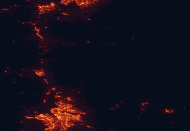 Satellite night-light map of the 100 km around Mount St. Helens National Volcanic Monument, with Portland, Vancouver and Gresham marked