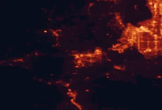Satellite night-light map of the 50 km around Olympia, with Tacoma, Lacey and Federal Way marked