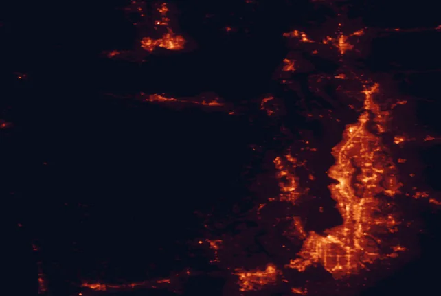 Satellite night-light map of the 100 km around Olympic National Forest, with Seattle, Victoria and Tacoma marked