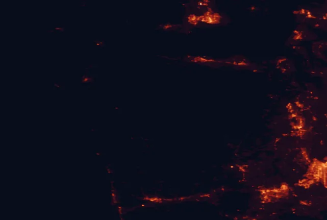 Satellite night-light map of the 100 km around Olympic National Park, with Victoria, Saanich and Olympia marked